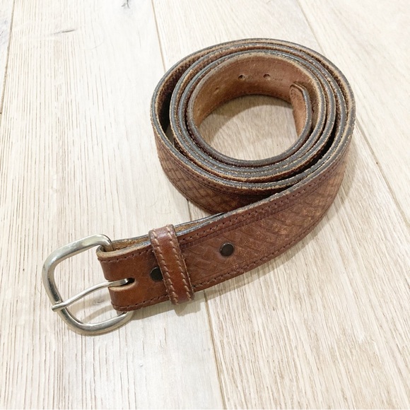Brown Leather Belt with Silver Buckle and Distressed Finish - Picture 1 of 4